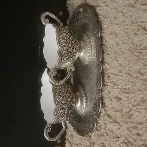 Vintage Victorian Style Silver and White Enamel Sugar, Creamer, and Tray Set